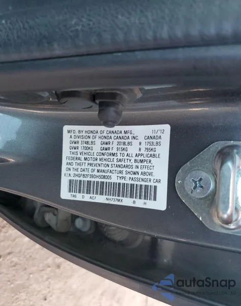 2013 Honda Civic Lx z USA, uszkodzony, nr VIN 2HGFB2F59DH508005